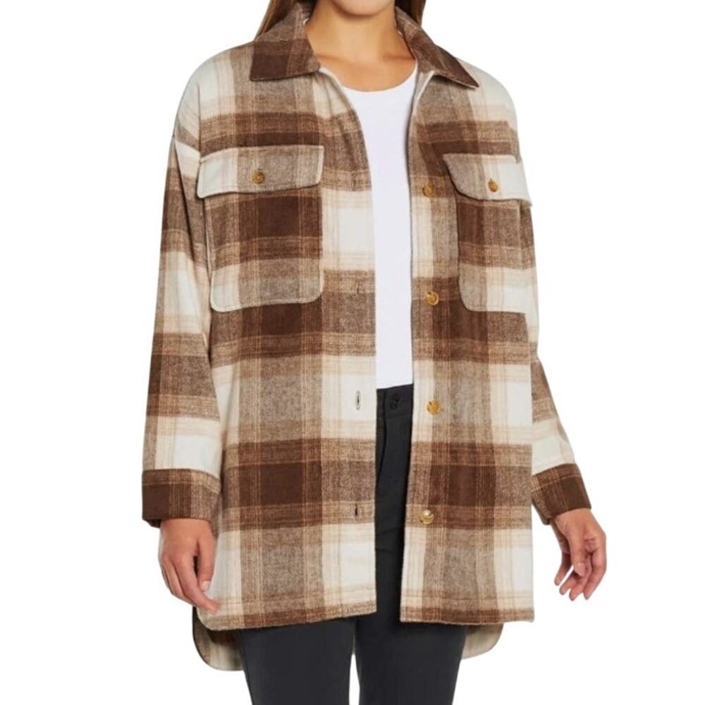 Banana Republic Womens Brown Flannel Shirt Jacket Plaid Button Up Sherpa XS